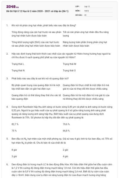 Đề thi Vật lí 12 Học kì 2 năm 2020 - 2021 có đáp án (Đề 1)