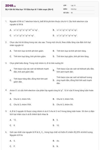 Bộ 4 Đề thi Hóa học 10 Giữa học kì 1 biên soạn (Đề 4)