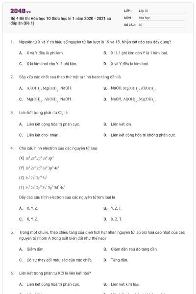 Bộ 4 Đề thi Hóa học 10 Giữa học kì 1 năm 2020 - 2021 có đáp án (Đề 1)