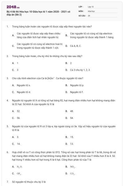 Bộ 4 Đề thi Hóa học 10 Giữa học kì 1 năm 2020 - 2021 có đáp án (Đề 2)