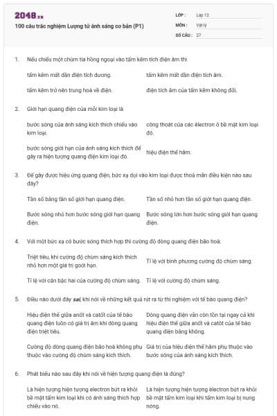100 câu trắc nghiệm Lượng tử ánh sáng cơ bản (P1)