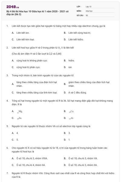 Bộ 4 Đề thi Hóa học 10 Giữa học kì 1 năm 2020 - 2021 có đáp án (Đề 3)