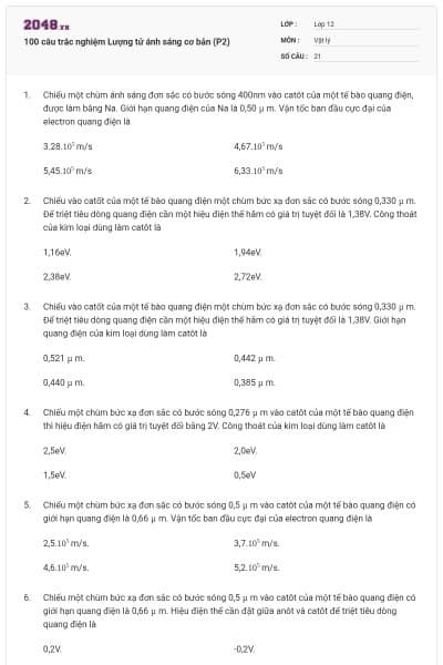 100 câu trắc nghiệm Lượng tử ánh sáng cơ bản (P2)