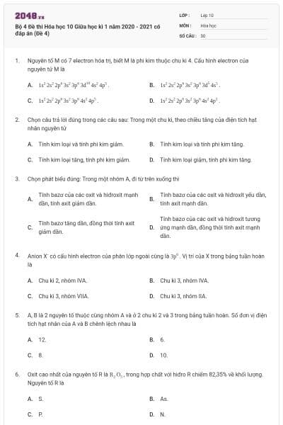 Bộ 4 Đề thi Hóa học 10 Giữa học kì 1 năm 2020 - 2021 có đáp án (Đề 4)