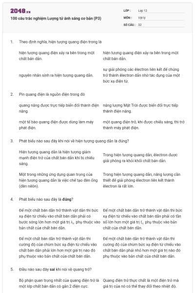 100 câu trắc nghiệm Lượng tử ánh sáng cơ bản (P3)