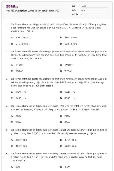 100 câu trắc nghiệm Lượng tử ánh sáng cơ bản (P2)