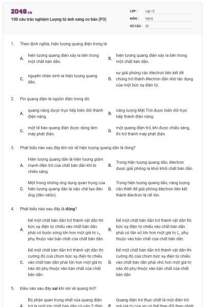 100 câu trắc nghiệm Lượng tử ánh sáng cơ bản (P3)