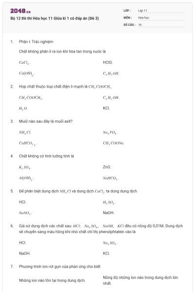 Bộ 12 Đề thi Hóa học 11 Giữa kì 1 có đáp án (Đề 3)