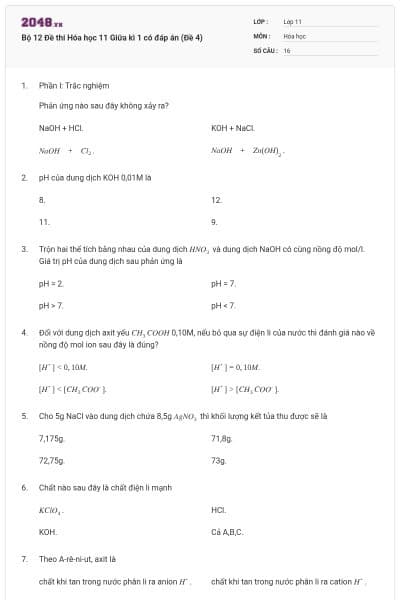 Bộ 12 Đề thi Hóa học 11 Giữa kì 1 có đáp án (Đề 4)