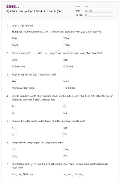 Bộ 4 Đề thi Hóa học lớp 11 Giữa kì 1 có đáp án (Đề 1)