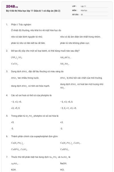 Bộ 4 Đề thi Hóa học lớp 11 Giữa kì 1 có đáp án (Đề 2)