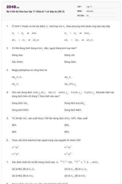 Bộ 4 Đề thi Hóa học lớp 11 Giữa kì 1 có đáp án (Đề 3)