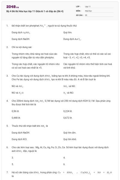 Bộ 4 Đề thi Hóa học lớp 11 Giữa kì 1 có đáp án (Đề 4)