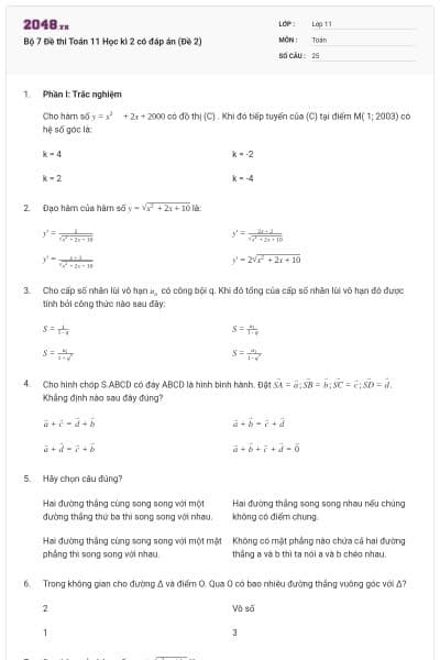 Bộ 7 Đề thi Toán 11 Học kì 2 có đáp án (Đề 2)