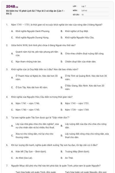 Đề kiểm tra 15 phút Lịch Sử 7 Học kì 2 có đáp án (Lần 1 - Đề 2)