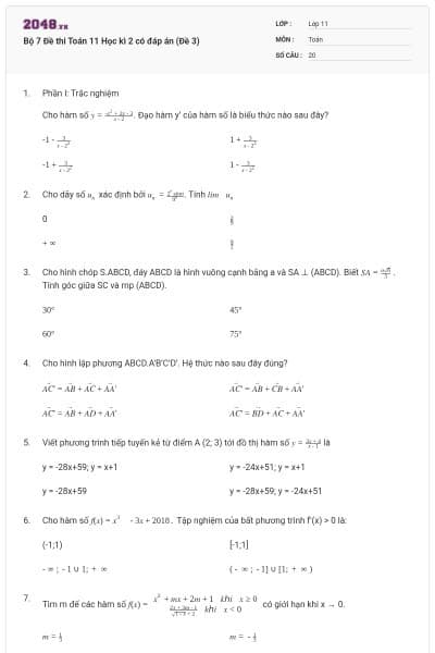 Bộ 7 Đề thi Toán 11 Học kì 2 có đáp án (Đề 3)