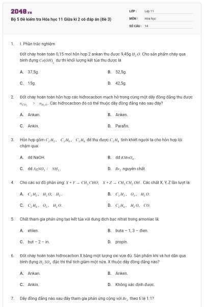 Bộ 5 Đề kiểm tra Hóa học 11 Giữa kì 2 có đáp án (Đề 3)