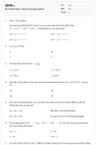 Bộ 7 Đề thi Toán 11 Học kì 2 có đáp án (Đề 4)