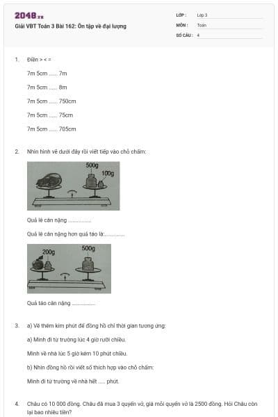 Giải VBT Toán 3 Bài 162: Ôn tập về đại lượng