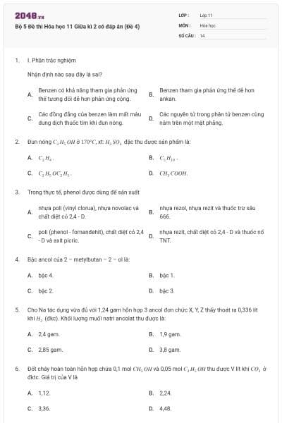 Bộ 5 Đề thi Hóa học 11 Giữa kì 2 có đáp án (Đề 4)