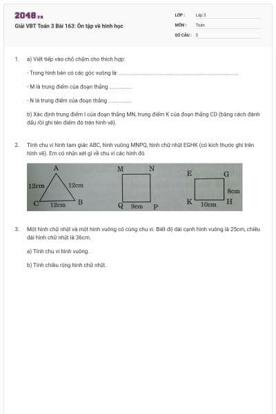 Giải VBT Toán 3 Bài 163: Ôn tập về hình học