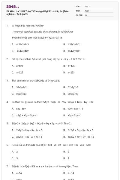 Đề kiểm tra 1 tiết Toán 7 Chương 4 Đại Số có đáp án (Trắc nghiệm - Tự luận 2)