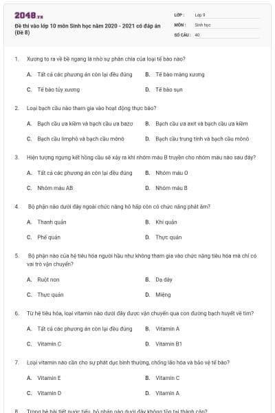 Đề thi vào lớp 10 môn Sinh học năm 2020 - 2021 có đáp án (Đề 8)