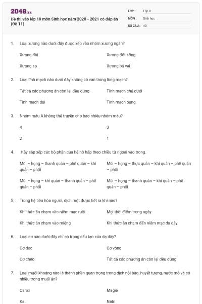 Đề thi vào lớp 10 môn Sinh học năm 2020 - 2021 có đáp án (Đề 11)