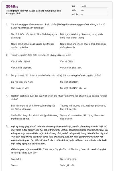 Trắc nghiệm Ngữ Văn 12 (có đáp án): Những đứa con trong gia đình