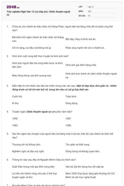 Trắc nghiệm Ngữ Văn 12 (có đáp án): Chiếc thuyền ngoài xa