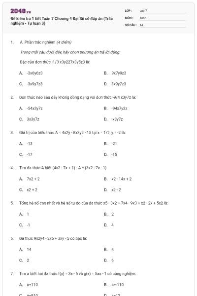 Đề kiểm tra 1 tiết Toán 7 Chương 4 Đại Số có đáp án (Trắc nghiệm - Tự luận 3)