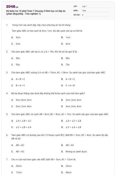 Đề kiểm tra 15 phút Toán 7 Chương 3 Hình học có đáp án (phần Qhgcytttg - Trắc nghiệm 1)