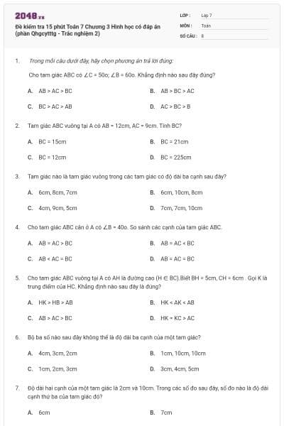 Đề kiểm tra 15 phút Toán 7 Chương 3 Hình học có đáp án (phần Qhgcytttg - Trắc nghiệm 2)