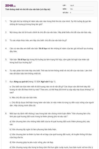 Tính thống nhất về chủ đề của văn bản (có đáp án)