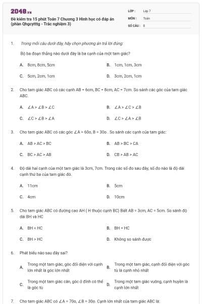Đề kiểm tra 15 phút Toán 7 Chương 3 Hình học có đáp án (phần Qhgcytttg - Trắc nghiệm 3)