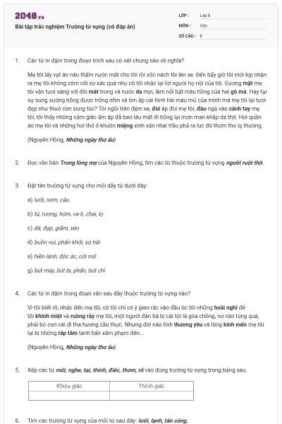 Bài tập trắc nghiệm Trường từ vựng (có đáp án)