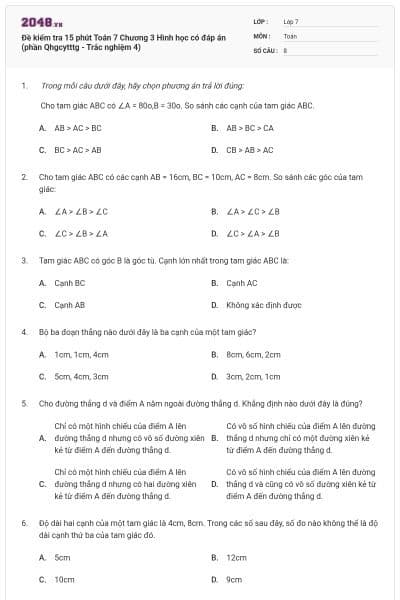 Đề kiểm tra 15 phút Toán 7 Chương 3 Hình học có đáp án (phần Qhgcytttg - Trắc nghiệm 4)
