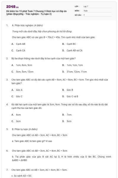 Đề kiểm tra 15 phút Toán 7 Chương 3 Hình học có đáp án (phần Qhgcytttg - Trắc nghiệm - Tự luận 2)