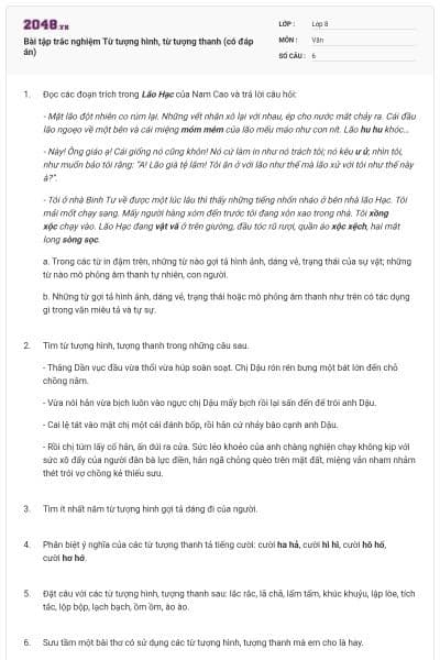 Bài tập trắc nghiệm Từ tượng hình, từ tượng thanh (có đáp án)