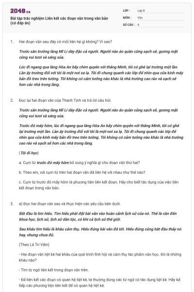 Bài tập trắc nghiệm Liên kết các đoạn văn trong văn bản (có đáp án)