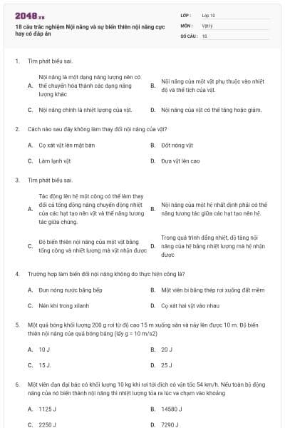 18 câu trắc nghiệm Nội năng và sự biến thiên nội năng cực hay có đáp án