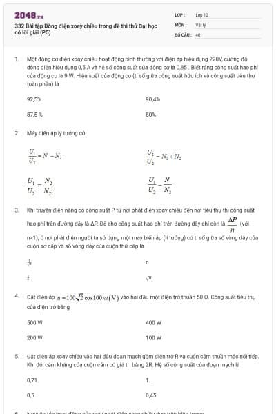 332 Bài tập Dòng điện xoay chiều trong đề thi thử Đại học có lời giải (P5)