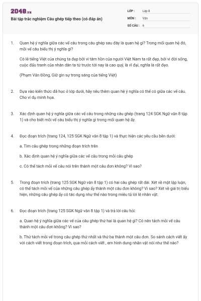 Bài tập trắc nghiệm Câu ghép tiếp theo (có đáp án)