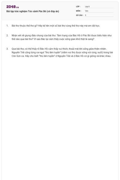 Bài tập trắc nghiệm Tức cảnh Pắc Bó (có đáp án)