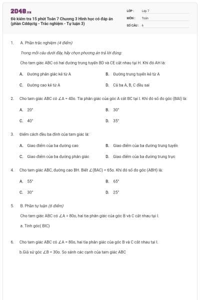 Đề kiểm tra 15 phút Toán 7 Chương 3 Hình học có đáp án (phần Cddqctg - Trắc nghiệm - Tự luận 3)