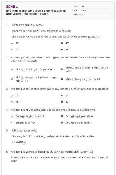Đề kiểm tra 15 phút Toán 7 Chương 3 Hình học có đáp án (phần Cddqctg - Trắc nghiệm - Tự luận 4)