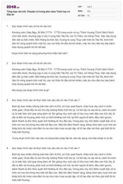 Tổng hợp câu hỏi: Chuyện cũ trong phủ chúa Trịnh hay có đáp án