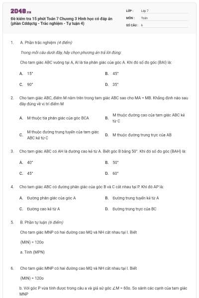 Đề kiểm tra 15 phút Toán 7 Chương 3 Hình học có đáp án (phần Cddqctg - Trắc nghiệm - Tự luận 4)