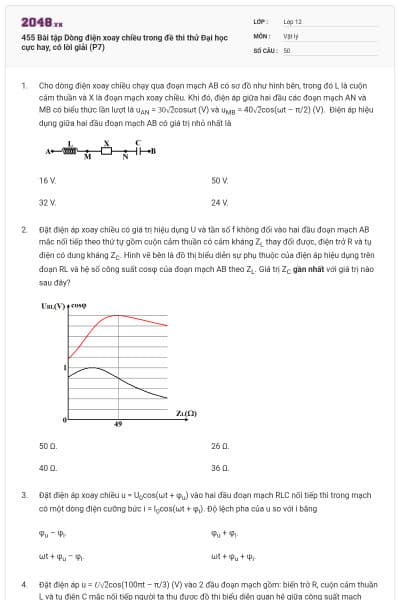 455 Bài tập Dòng điện xoay chiều trong đề thi thử Đại học cực hay, có lời giải (P7)