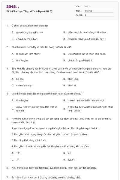 Đề thi Sinh học 7 học kì 2 có đáp án (Đề 5)